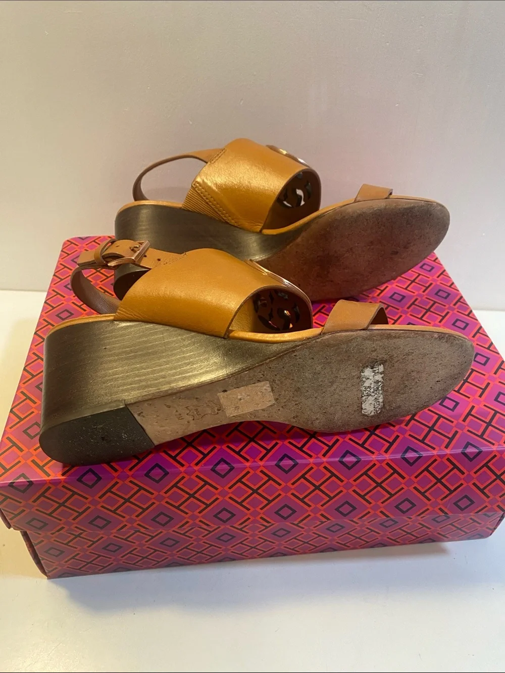 Tory Burch Cognac Leather Logo Sligback Wedge Sandals Sz 7
